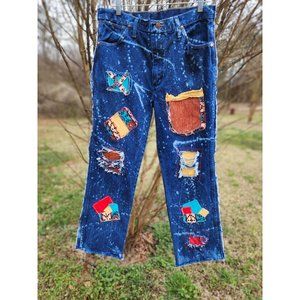 Upcycled Bleached patch Navajo boyfriend style applique destressed jeans